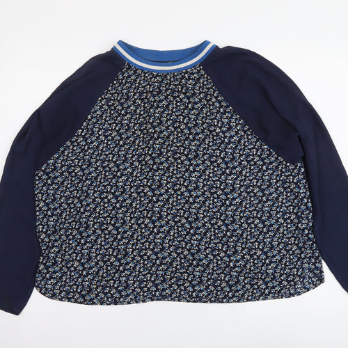 H&M Womens Blue Floral Polyester Basic Blouse Size L Round Neck