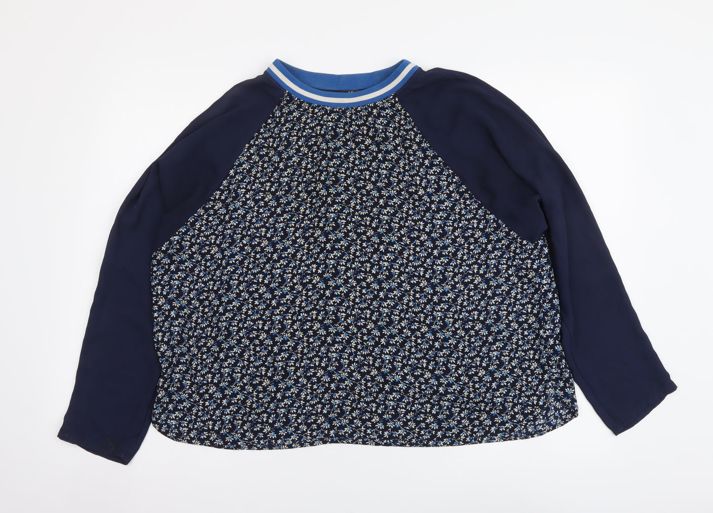 H&M Womens Blue Floral Polyester Basic Blouse Size L Round Neck