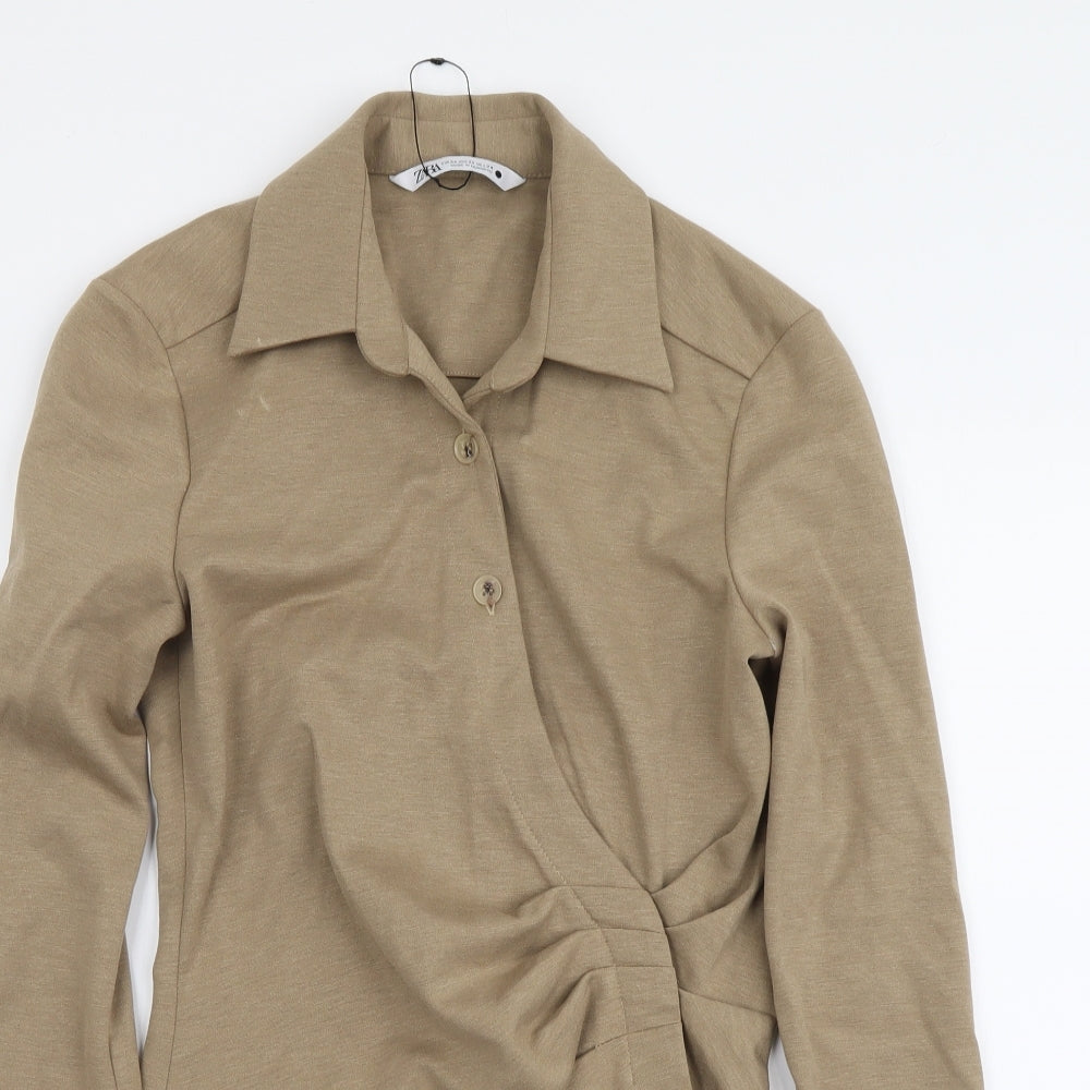 Zara Womens Beige Polyester Basic Blouse Size XS Collared