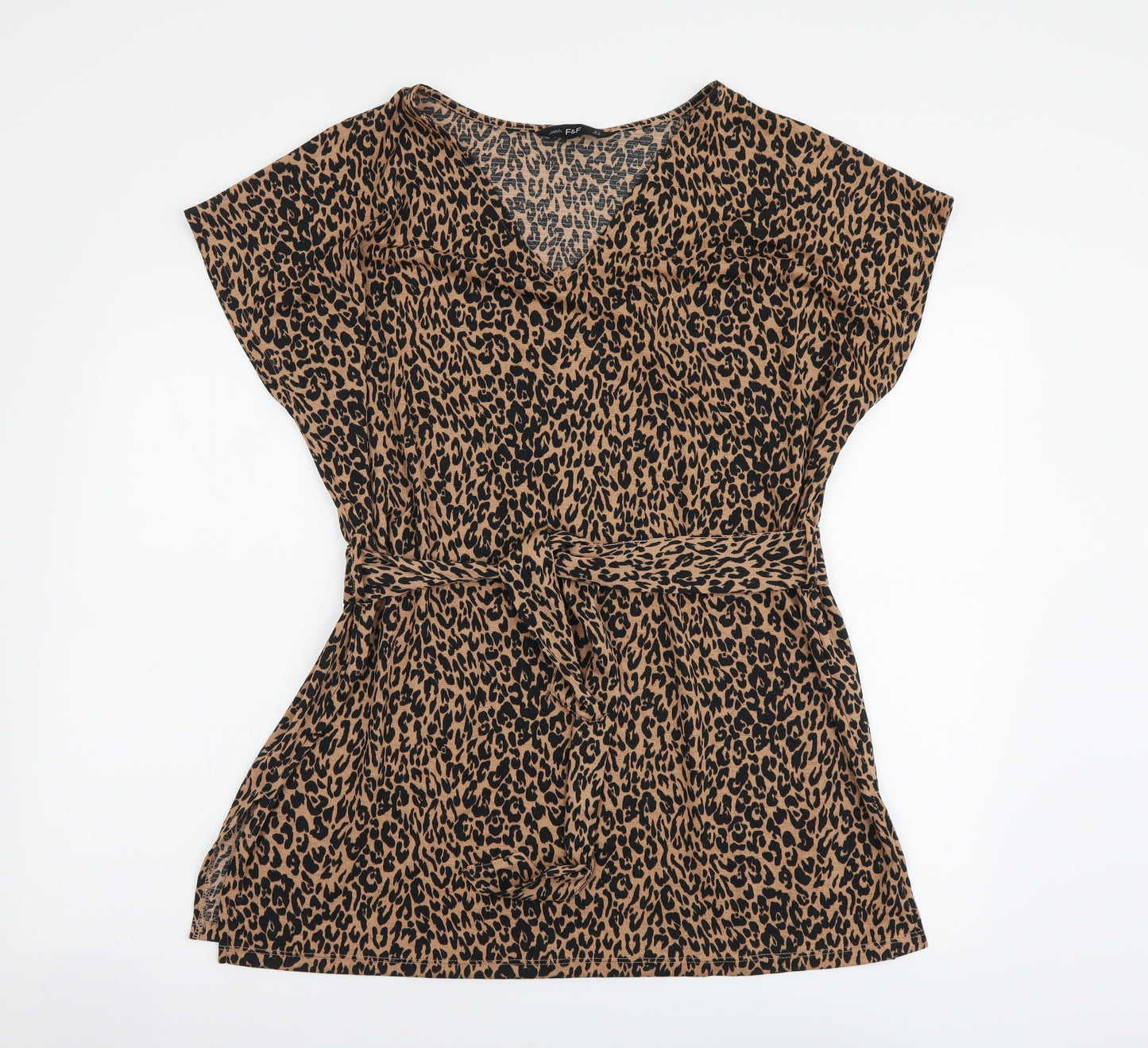 F&F Womens Brown Animal Print Polyester Basic Blouse Size 16 V-Neck - Leopard Pattern
