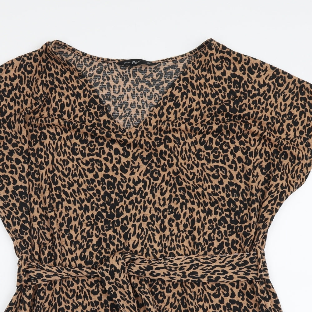 F&F Womens Brown Animal Print Polyester Basic Blouse Size 16 V-Neck - Leopard Pattern