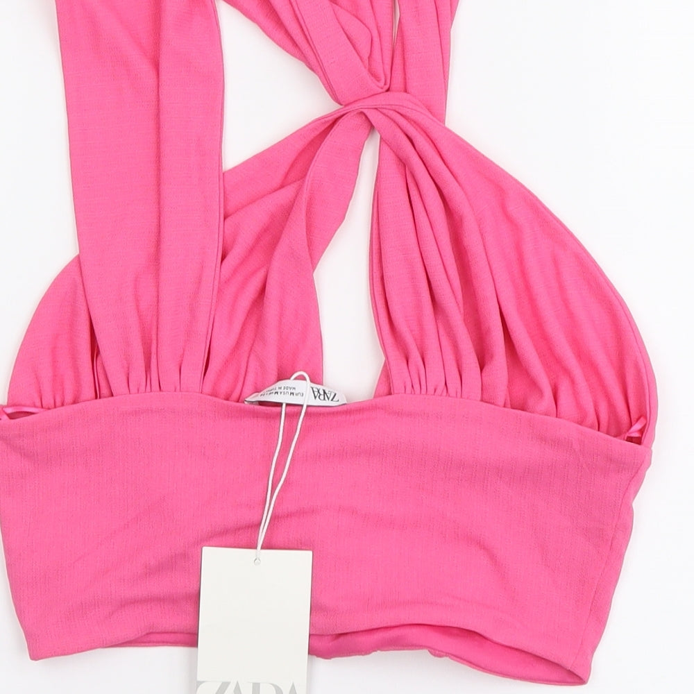 Zara Womens Pink Polyester Cropped T-Shirt Size M Halter