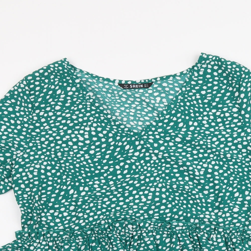 SheIn Womens Green Geometric Polyester Basic Blouse Size S V-Neck