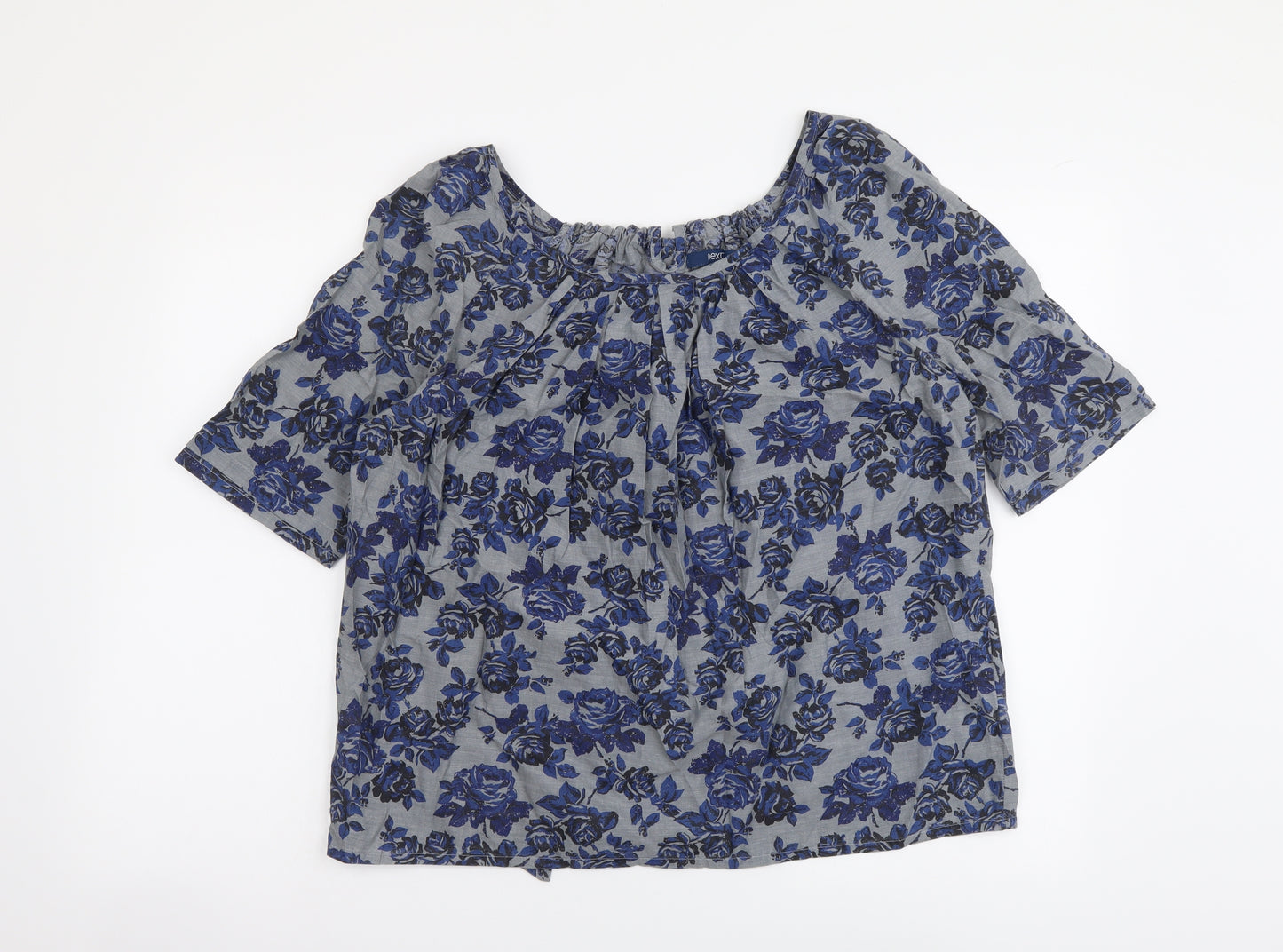 NEXT Womens Grey Floral Cotton Basic Blouse Size 14 Round Neck
