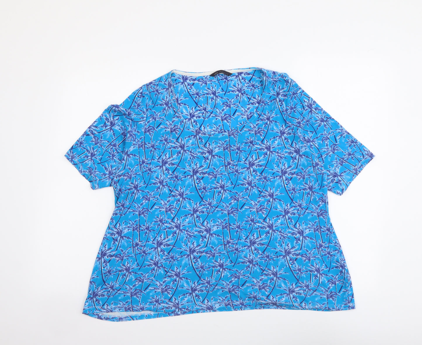Marks and Spencer Womens Blue Geometric Cotton Basic T-Shirt Size 22 Scoop Neck