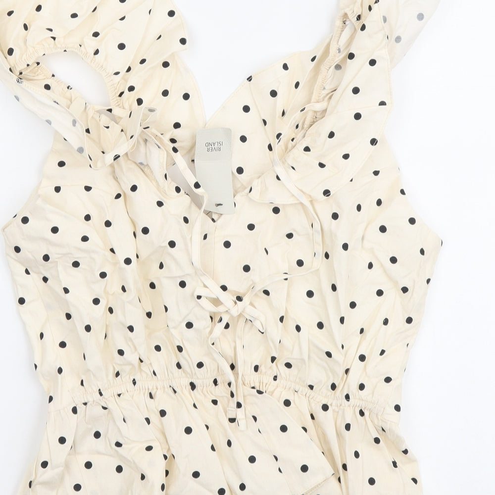 River Island Womens Pink Polka Dot Cotton Basic Blouse Size 6 V-Neck