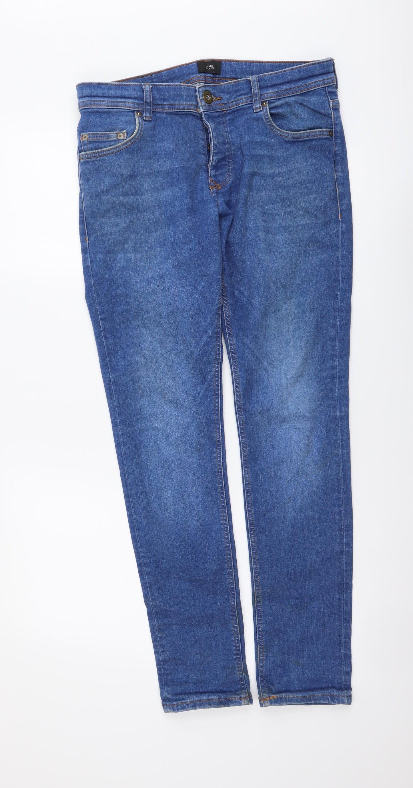 River Island Mens Blue Cotton Skinny Jeans Size 30 in L32 in Regular Button