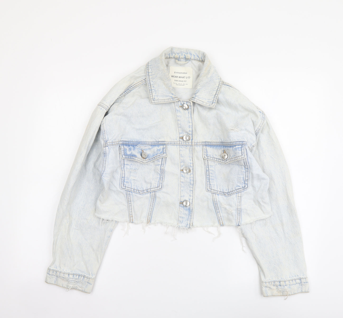 Stradivarius Womens Blue Jacket Size S Button - Distressed Look