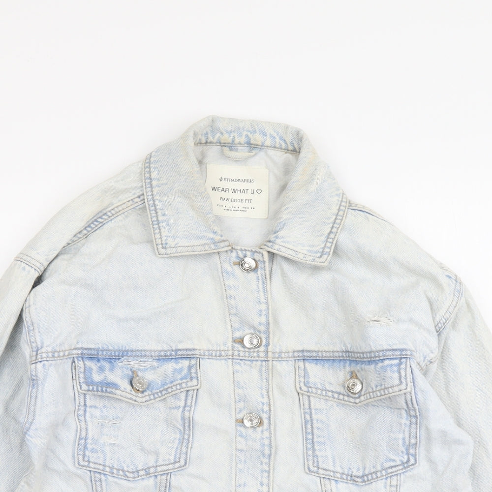 Stradivarius Womens Blue Jacket Size S Button - Distressed Look