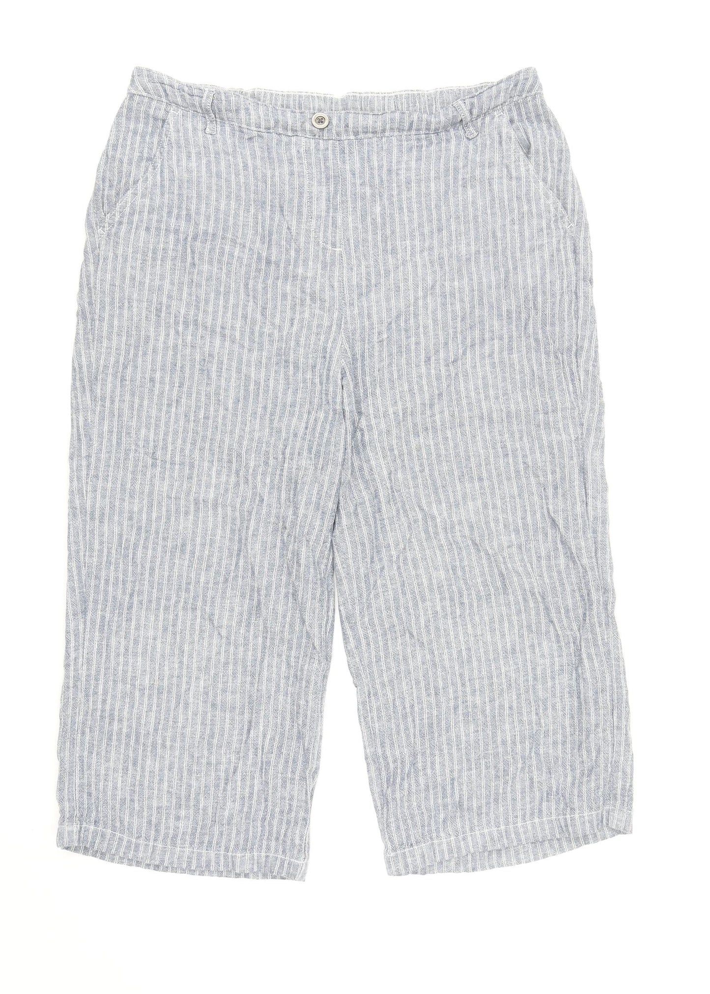 Bonmarché Womens Blue Striped Linen Cropped Trousers Size 14 L20.5 in Regular