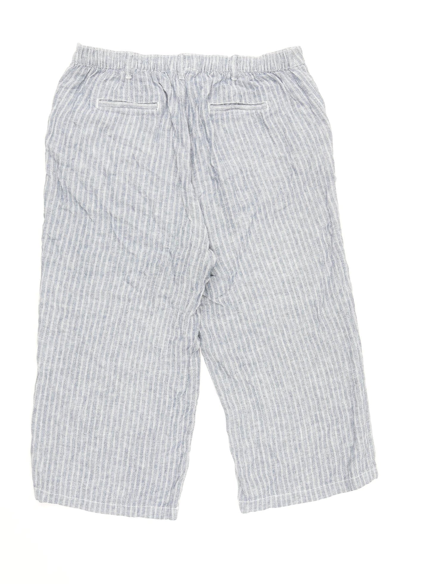 Bonmarché Womens Blue Striped Linen Cropped Trousers Size 14 L20.5 in Regular