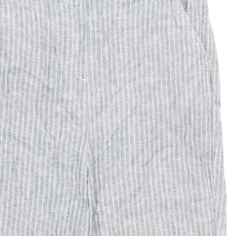 Bonmarché Womens Blue Striped Linen Cropped Trousers Size 14 L20.5 in Regular