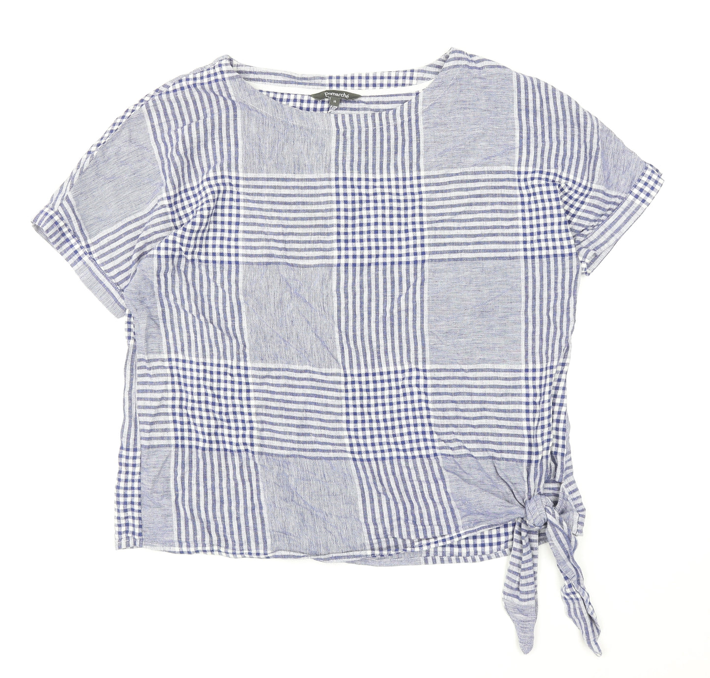 Bonmarché Womens Blue Plaid Linen Basic Blouse Size 16 Boat Neck - Tie