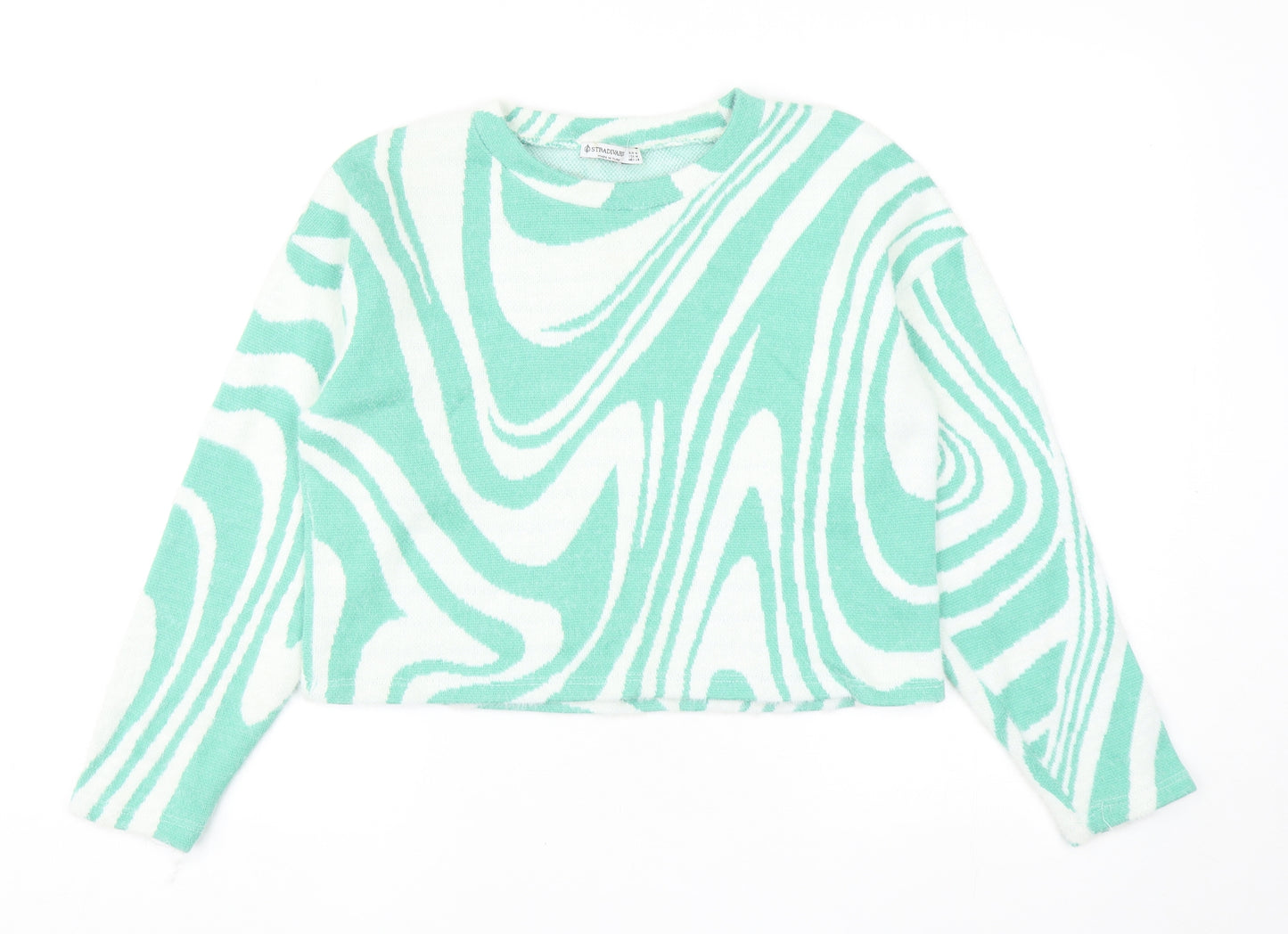 Stradivarius Womens Green Round Neck Geometric Polyamide Pullover Jumper Size M