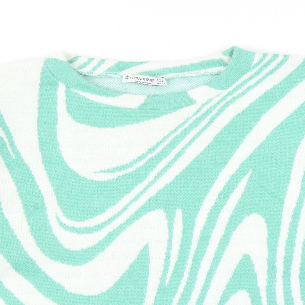 Stradivarius Womens Green Round Neck Geometric Polyamide Pullover Jumper Size M