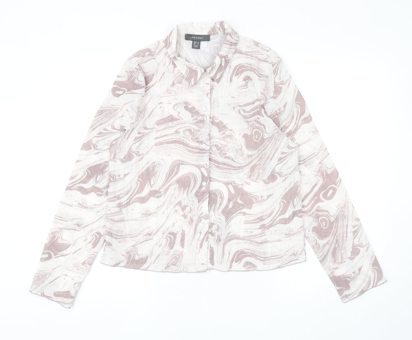 Primark Womens Brown Geometric Polyester Basic Button-Up Size 12 Collared