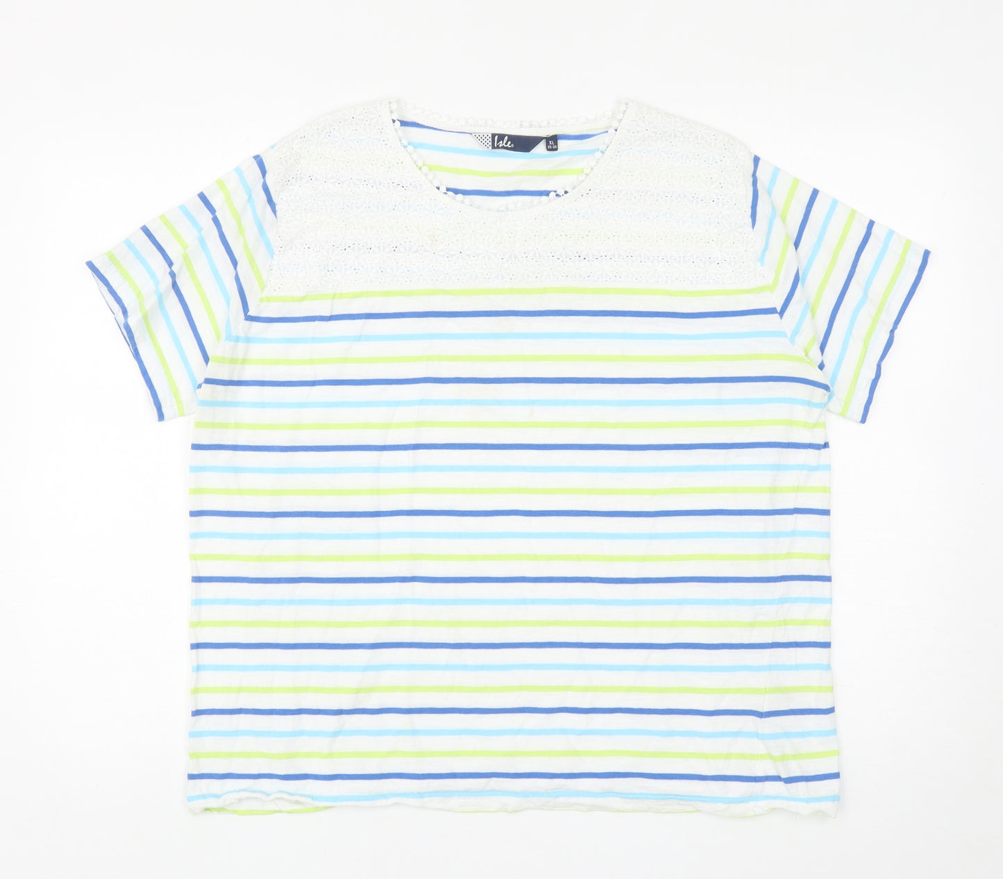 EWM Womens Multicoloured Striped Cotton Basic T-Shirt Size XL Round Neck - Lace Detail