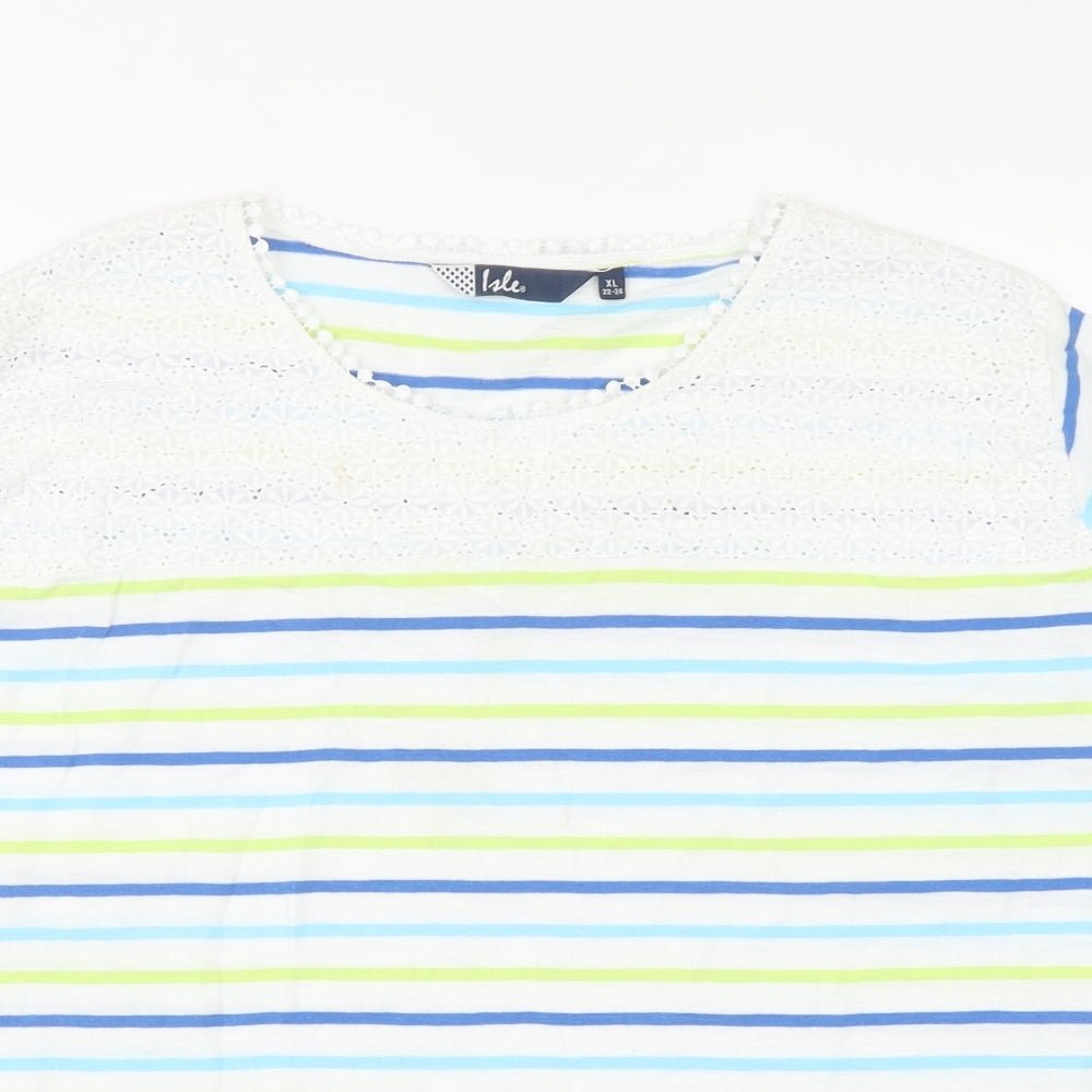 EWM Womens Multicoloured Striped Cotton Basic T-Shirt Size XL Round Neck - Lace Detail