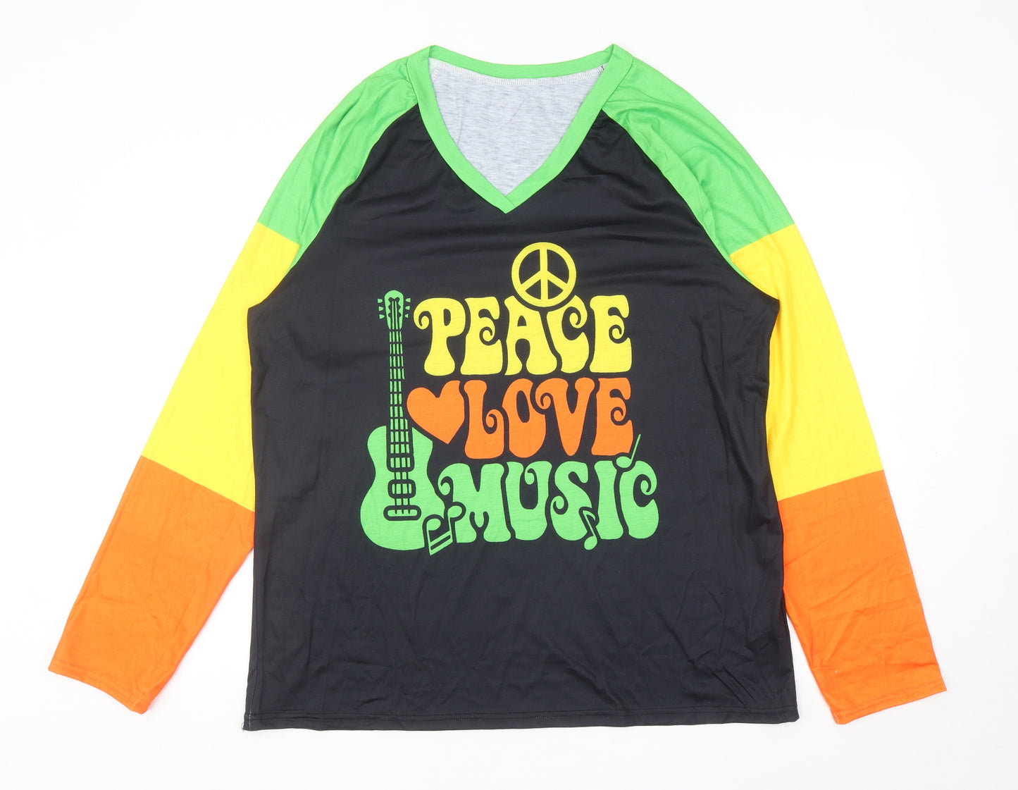 Preworn Mens Multicoloured Colourblock Polyester T-Shirt Size 2XL V-Neck - Peace Love Music