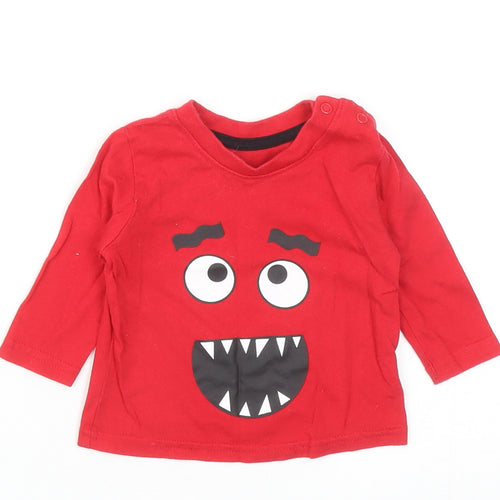 Primark Baby Red Cotton Basic T-Shirt Size 0-3 Months Round Neck Snap - Monster Face
