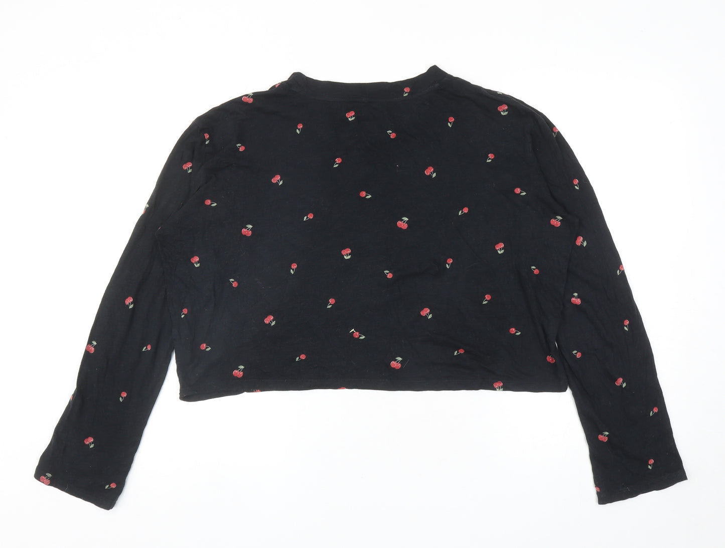 PINK Womens Black Geometric Cotton Cropped T-Shirt Size M Round Neck - Cherries