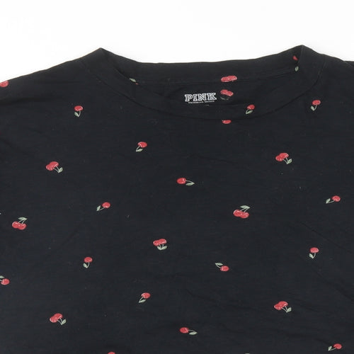 PINK Womens Black Geometric Cotton Cropped T-Shirt Size M Round Neck - Cherries
