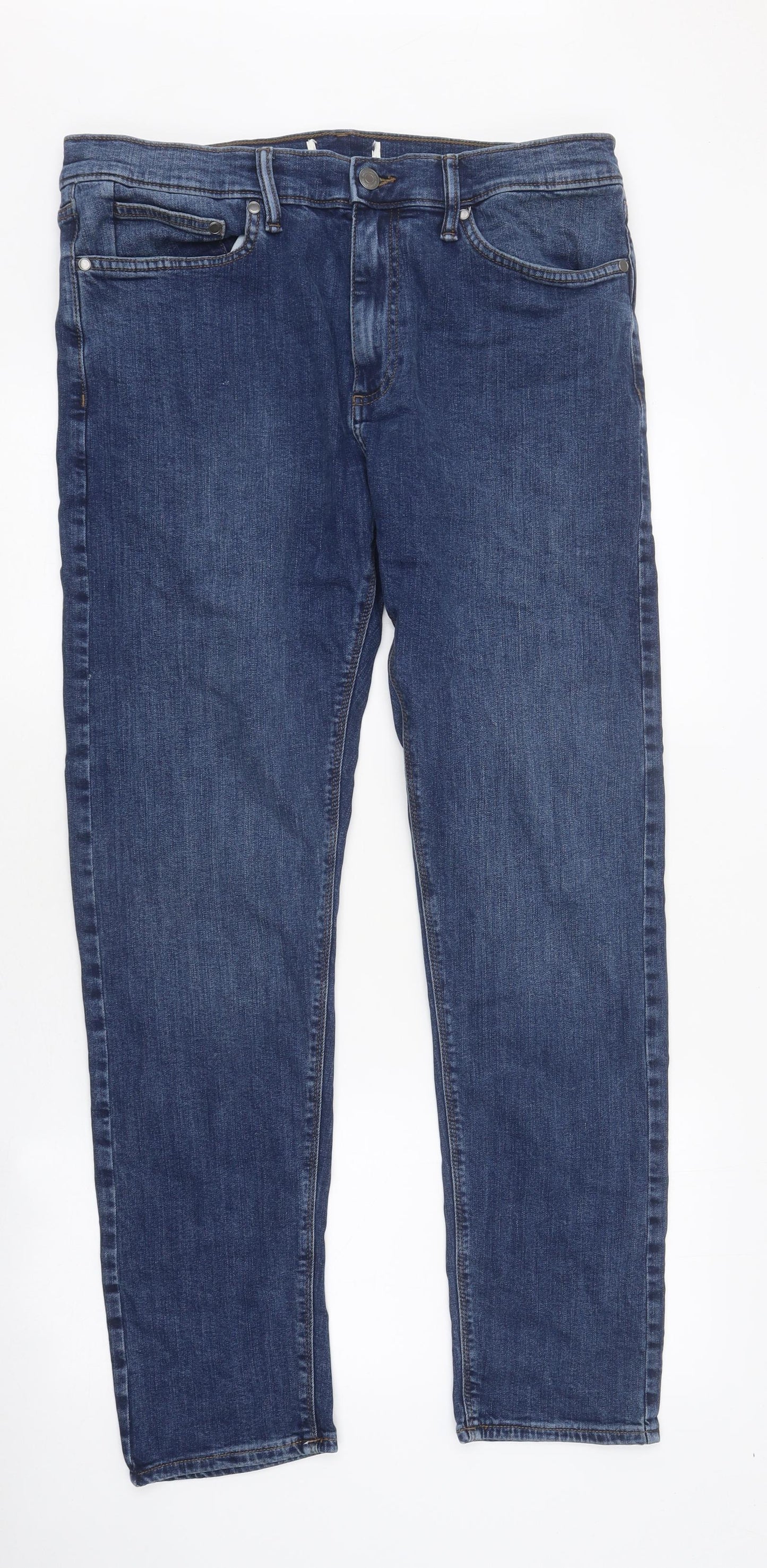 Marks and Spencer Mens Blue Cotton Skinny Jeans Size 34 in L33 in Slim Zip