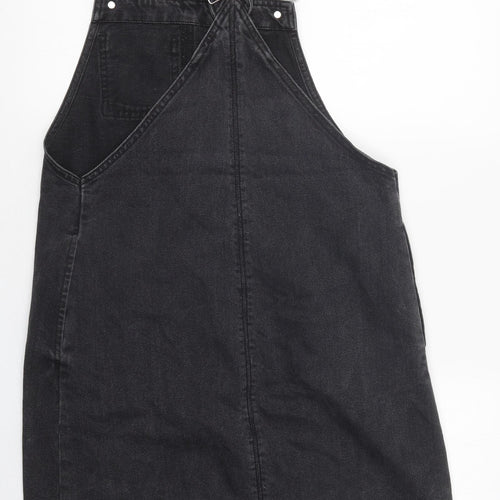 TU Womens Black 100% Cotton Pinafore/Dungaree Dress Size 8 Square Neck Hook & Eye