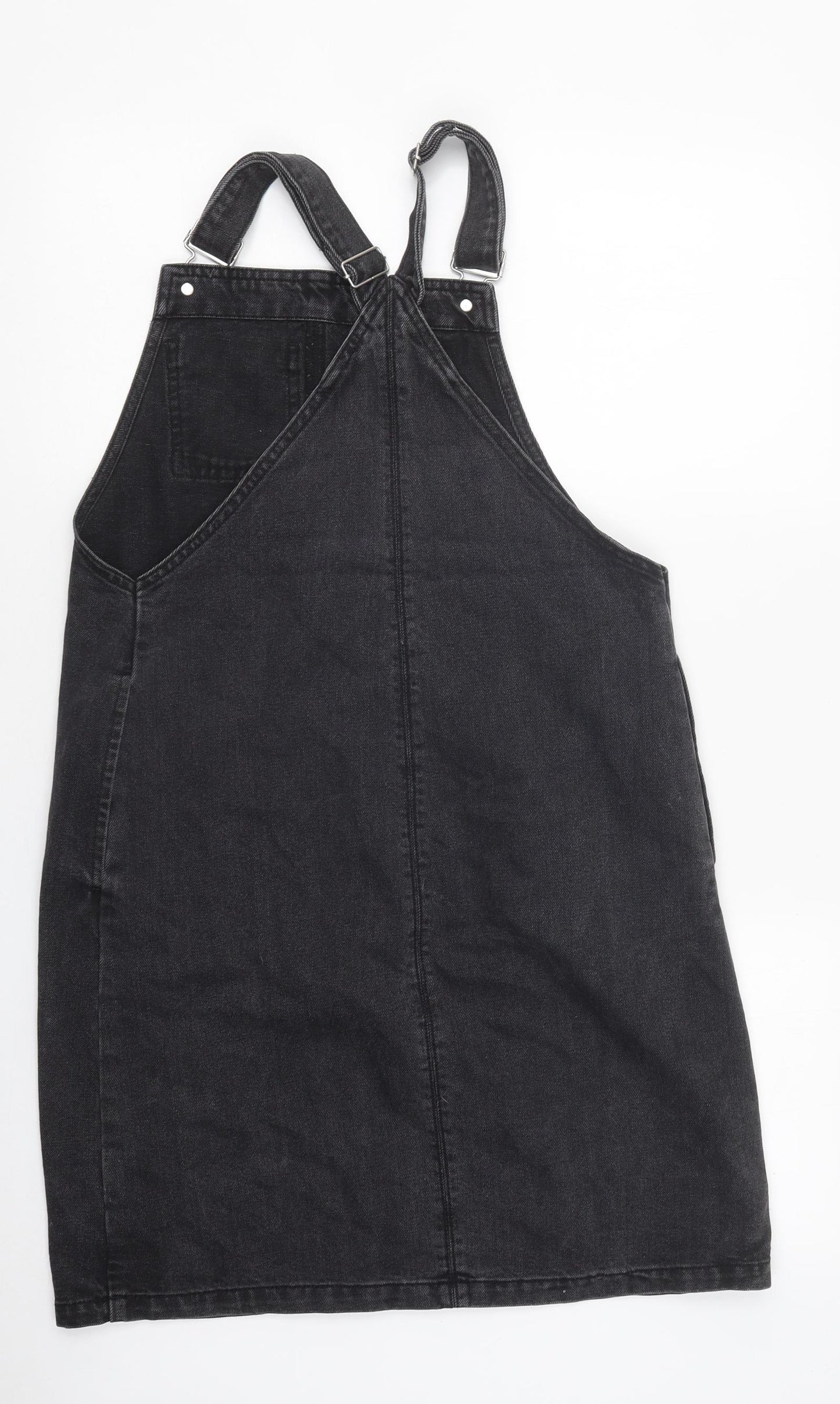 TU Womens Black 100% Cotton Pinafore/Dungaree Dress Size 8 Square Neck Hook & Eye