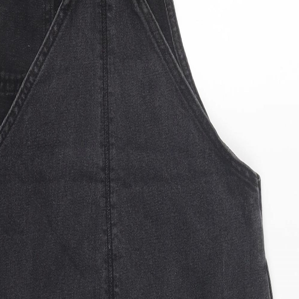 TU Womens Black 100% Cotton Pinafore/Dungaree Dress Size 8 Square Neck Hook & Eye
