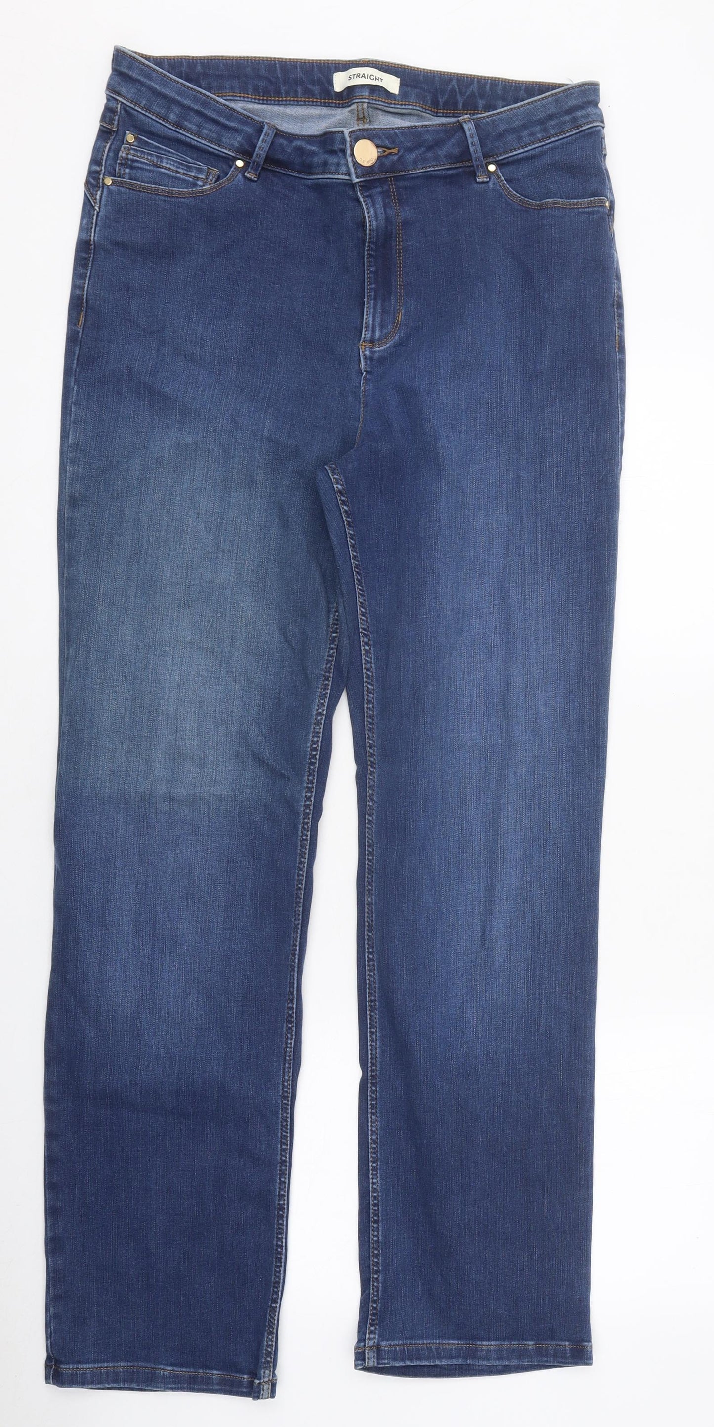 Marks and Spencer Womens Blue 100% Cotton Straight Jeans Size 14 L34 in Regular Zip