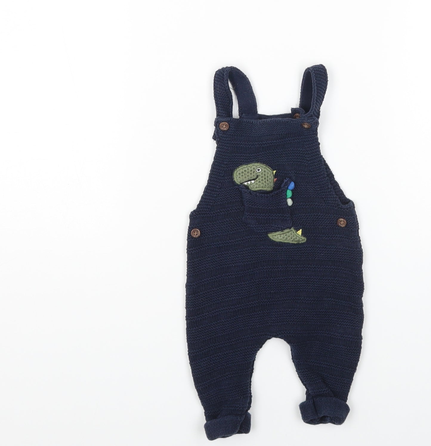 Fred & Flo Baby Blue Cotton Dungaree One-Piece Size 3-6 Months Button - Dinosaur