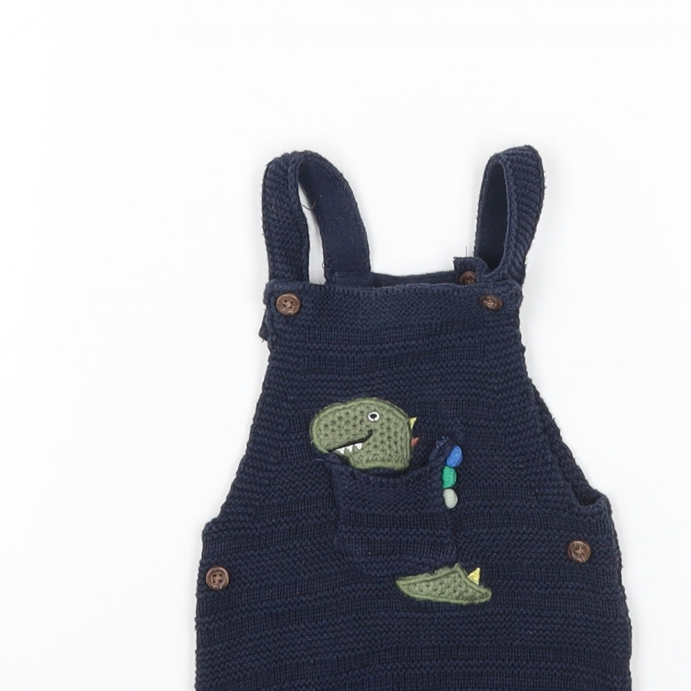 Fred & Flo Baby Blue Cotton Dungaree One-Piece Size 3-6 Months Button - Dinosaur