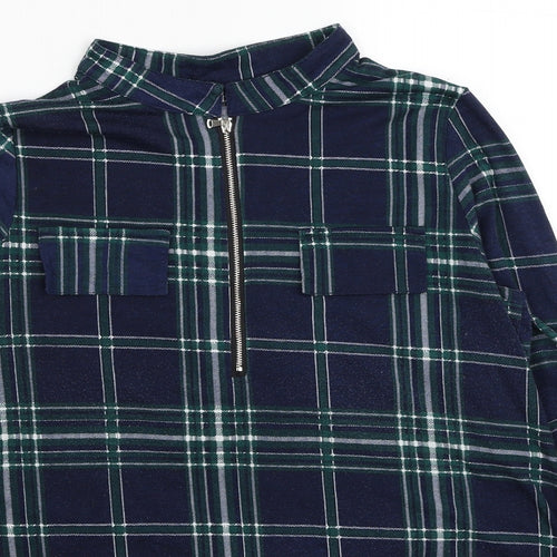 Odosalli Womens Blue Plaid Cotton Tunic Blouse Size M Collared
