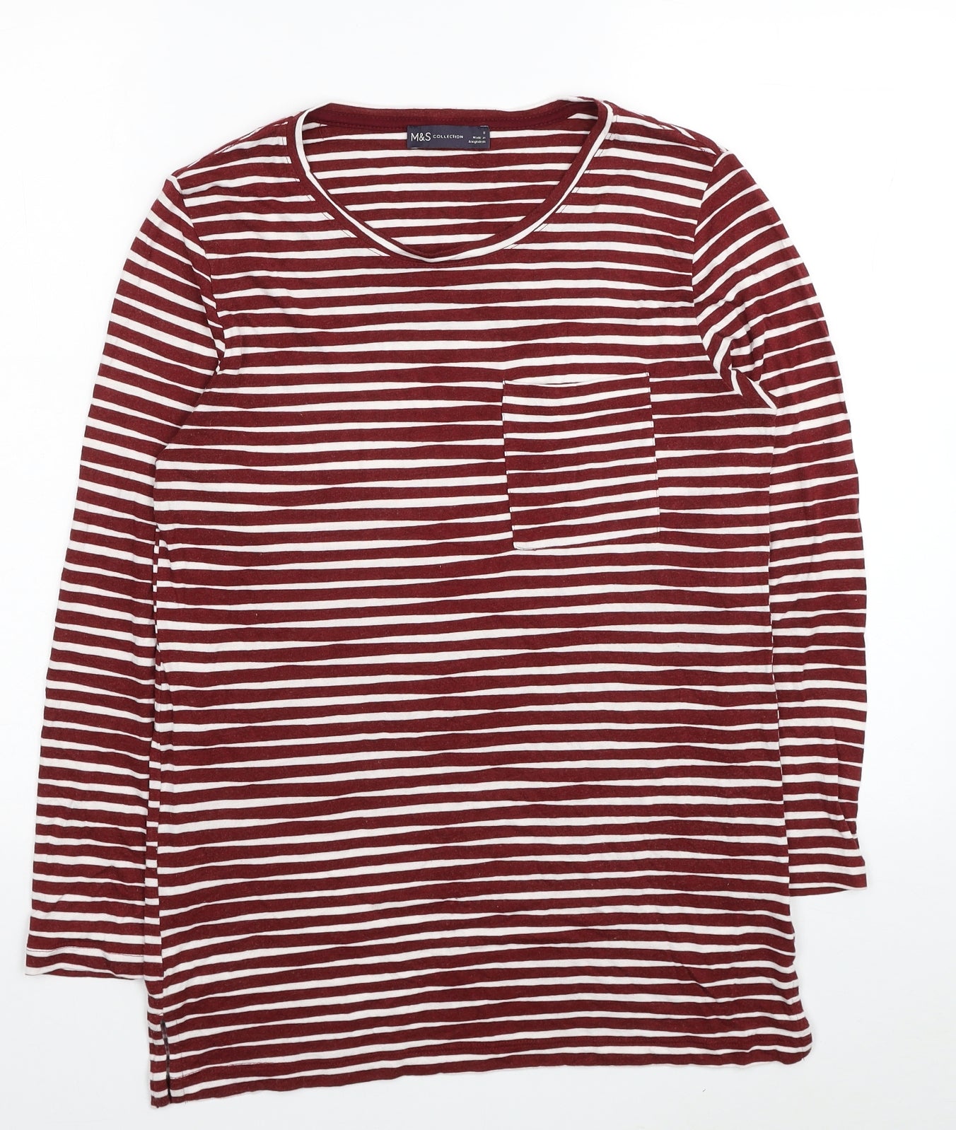 Marks and Spencer Womens Red Striped Viscose Tunic T-Shirt Size 8 Round Neck