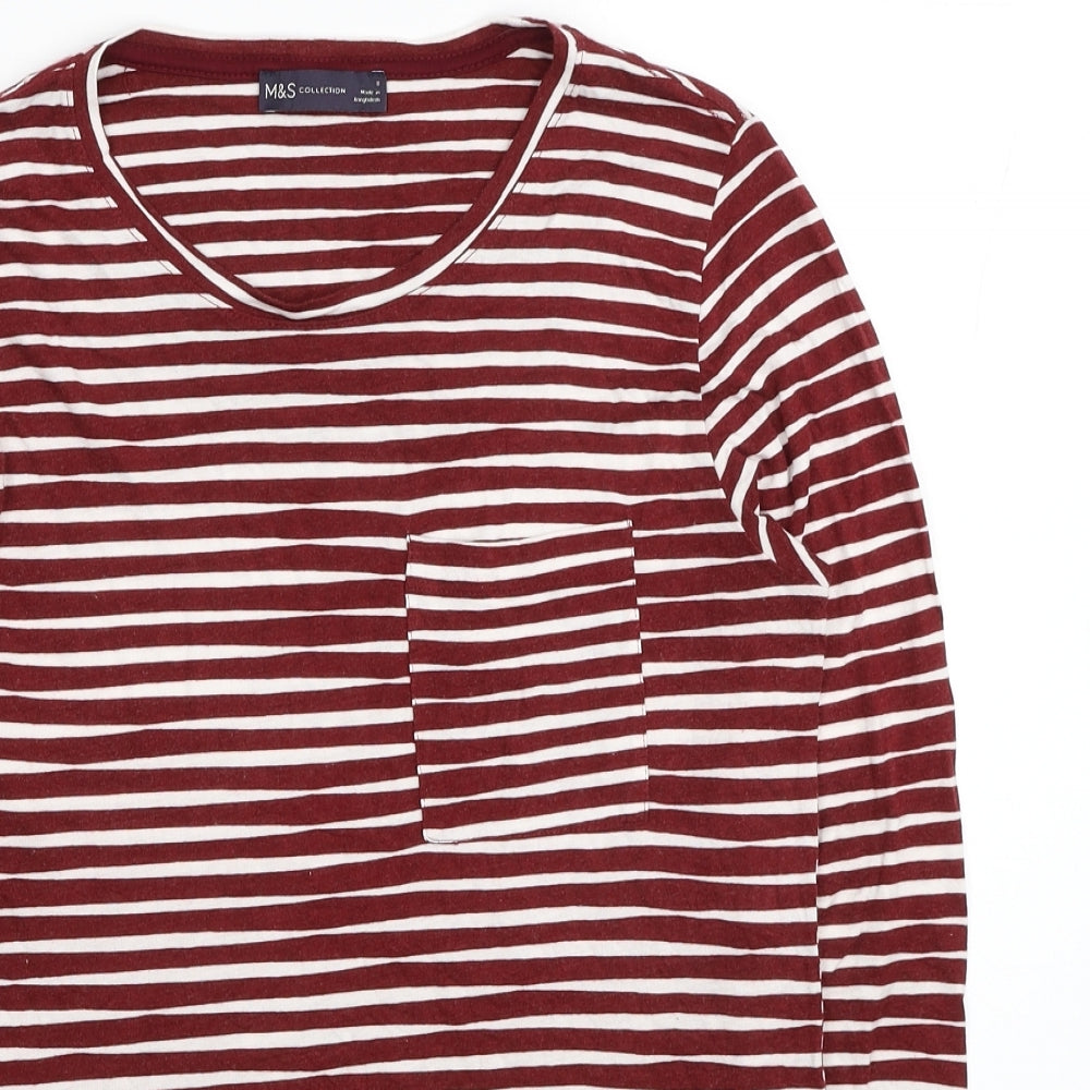 Marks and Spencer Womens Red Striped Viscose Tunic T-Shirt Size 8 Round Neck