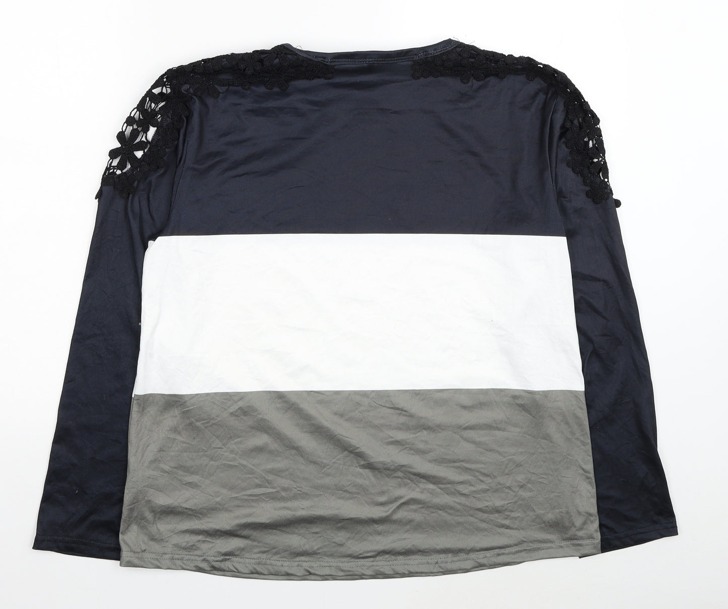 Preworn Womens Black Colourblock Polyester Basic Blouse Size 3XL Round Neck - Lace Detail