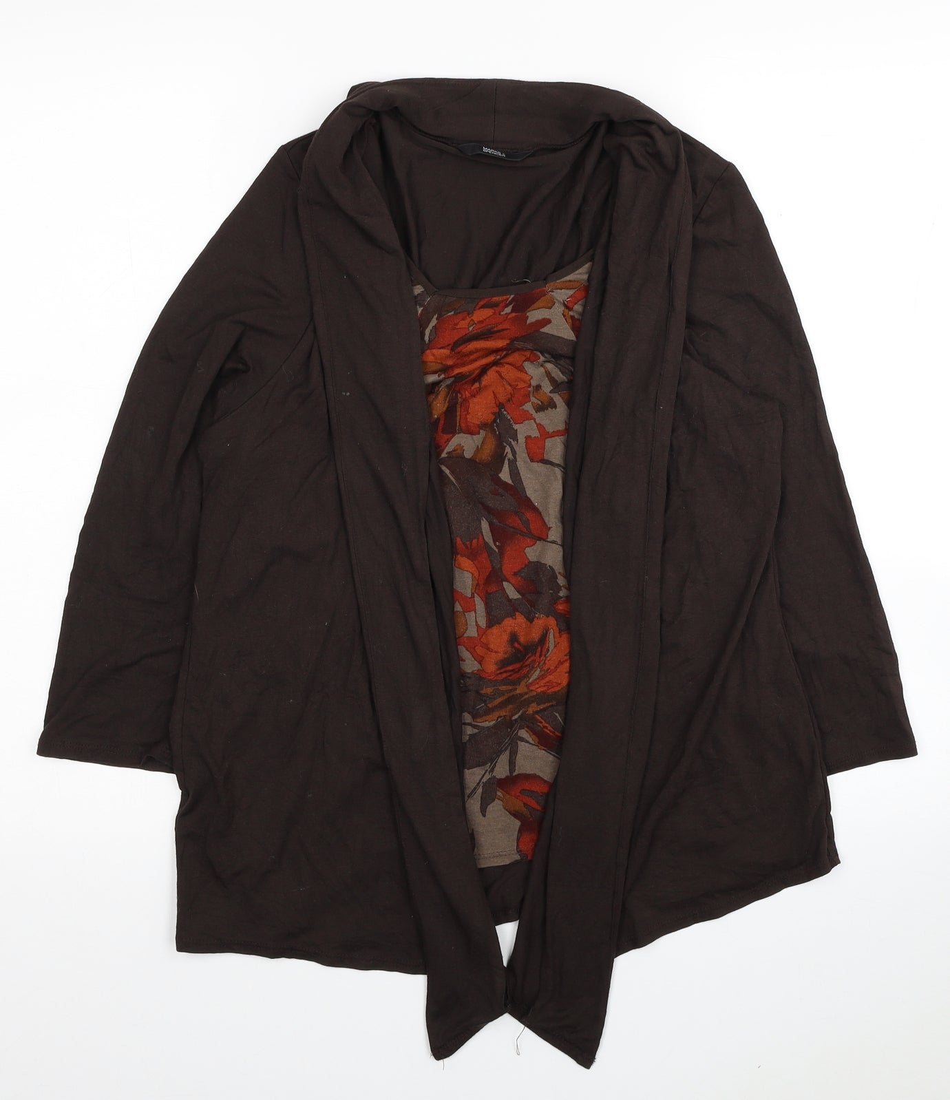 Marks and Spencer Womens Brown Floral Viscose Basic Blouse Size 16 Round Neck - Cardigan Effect