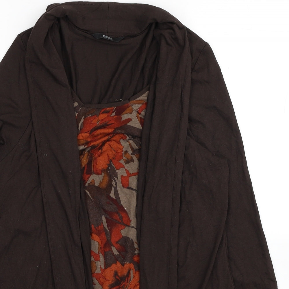 Marks and Spencer Womens Brown Floral Viscose Basic Blouse Size 16 Round Neck - Cardigan Effect