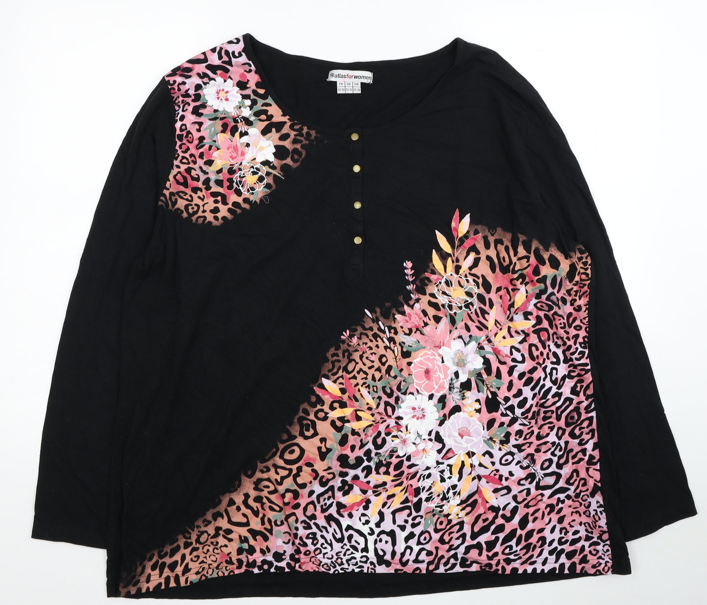 Atlas For Women Womens Black Animal Print Cotton Basic T-Shirt Size 24 Scoop Neck - Leopard Flower Print