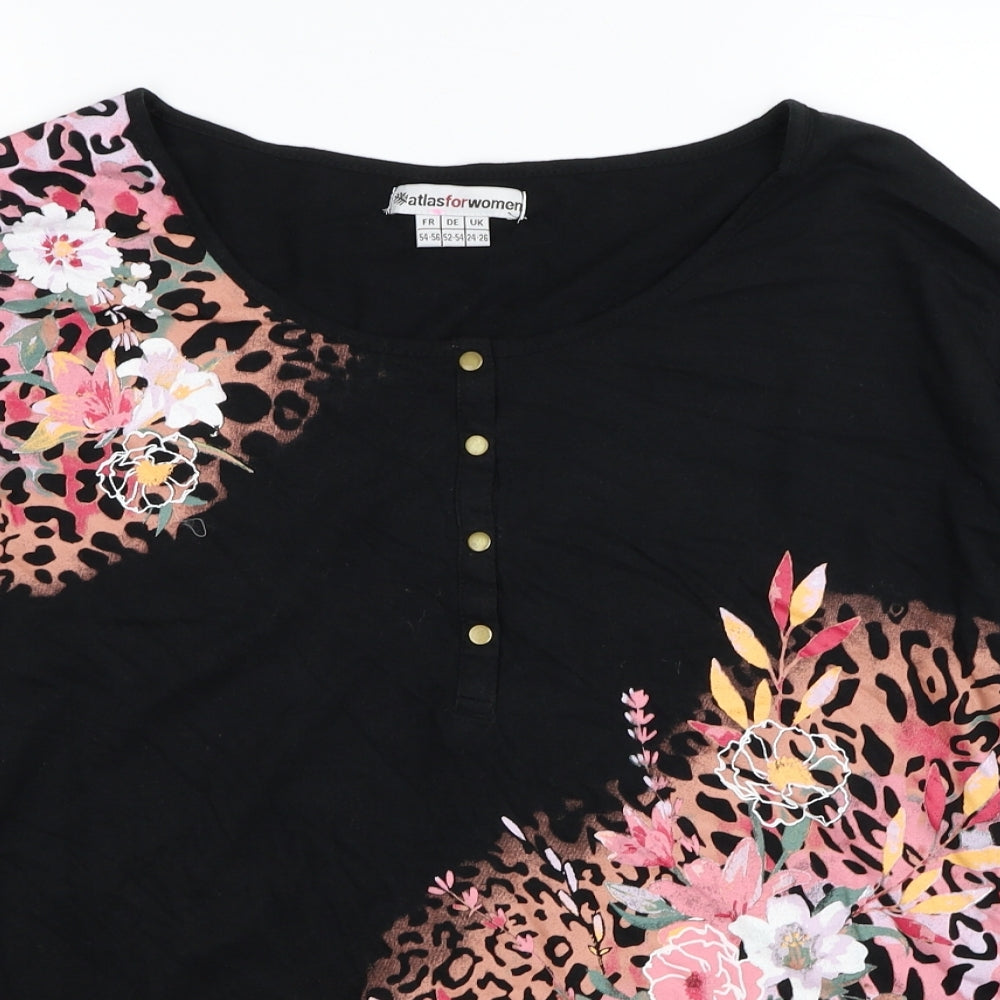 Atlas For Women Womens Black Animal Print Cotton Basic T-Shirt Size 24 Scoop Neck - Leopard Flower Print