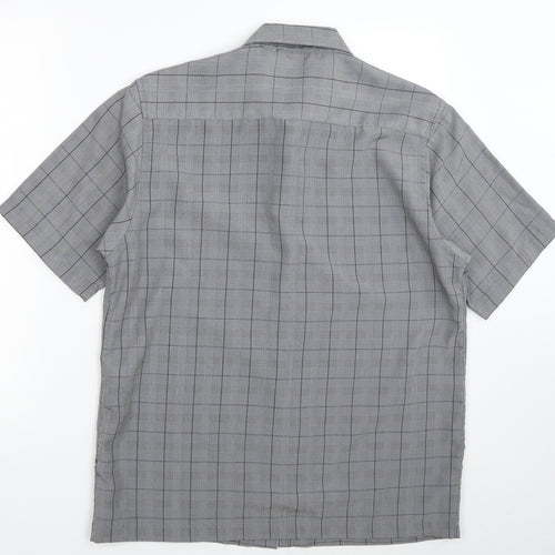 Vintage Mens Grey Plaid Polyester Button-Up Size M Collared Button