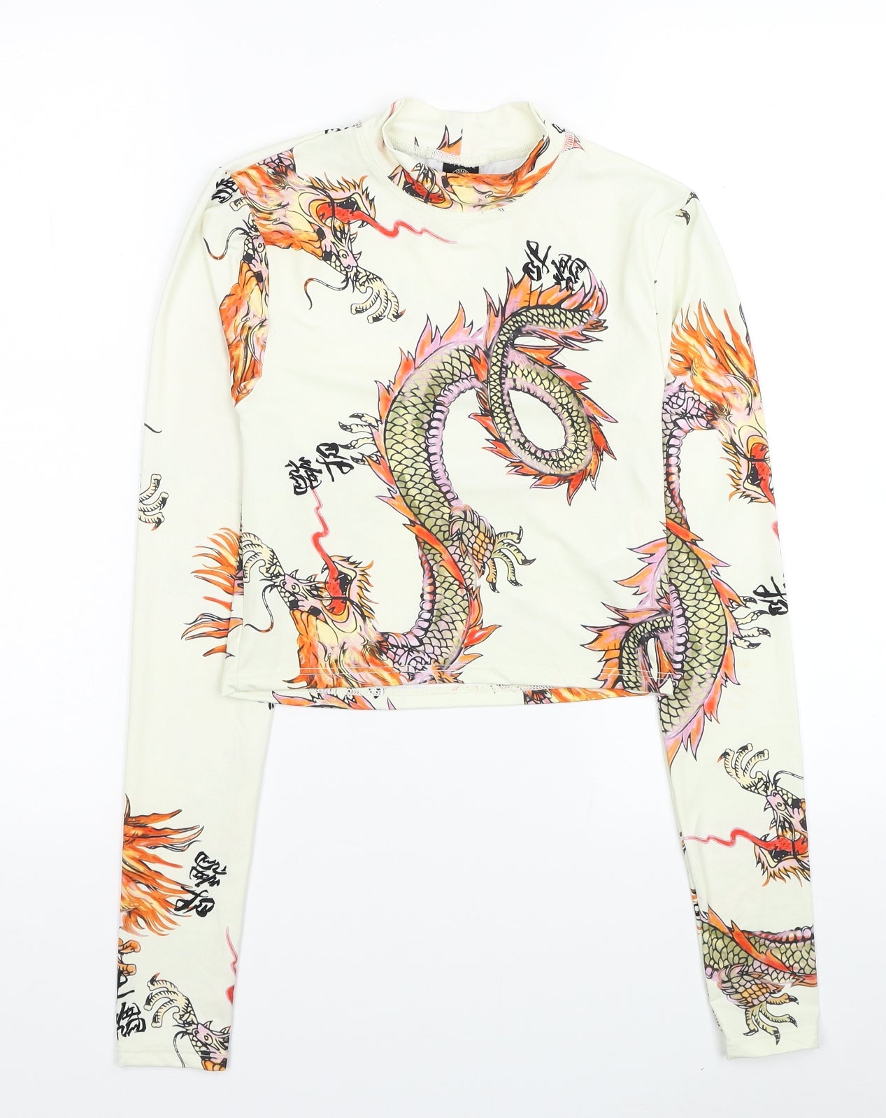 Urban Outfitters Womens Ivory Geometric Polyester Cropped Blouse Size S Mock Neck - Dragon