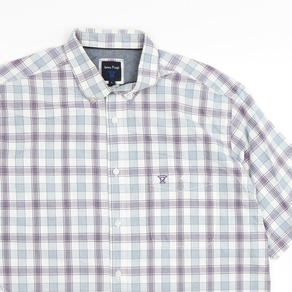 James Pringle Mens Multicoloured Plaid Cotton Button-Up Size L Collared Button