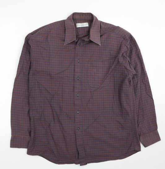 Marks and Spencer Mens Grey Plaid Cotton Button-Up Size 16 Collared Button - Collar 16 Inch