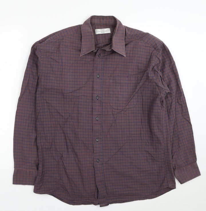 Marks and Spencer Mens Grey Plaid Cotton Button-Up Size 16 Collared Button - Collar 16 Inch