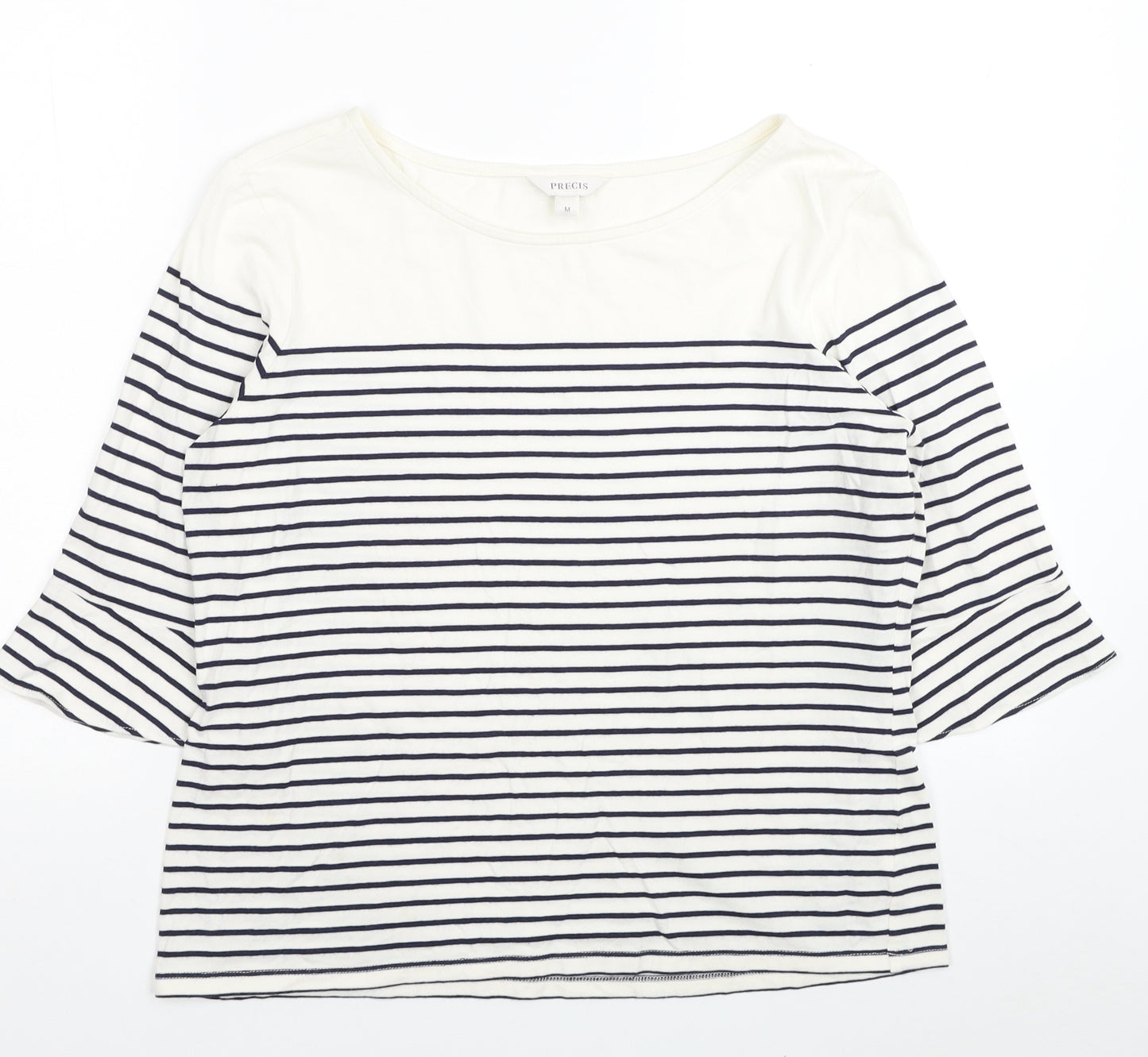 Precis Womens White Striped Cotton Basic T-Shirt Size M Boat Neck