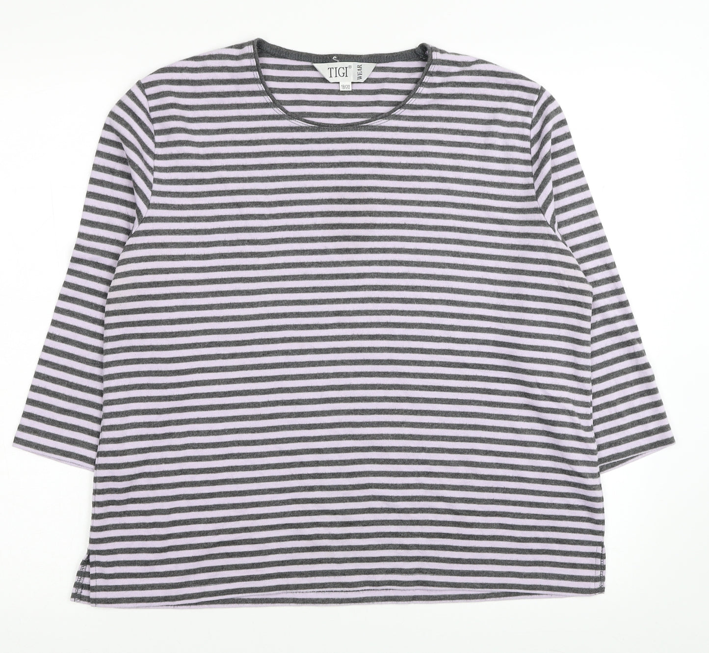 TIGI Womens Grey Striped Polyester Basic T-Shirt Size 18 Scoop Neck