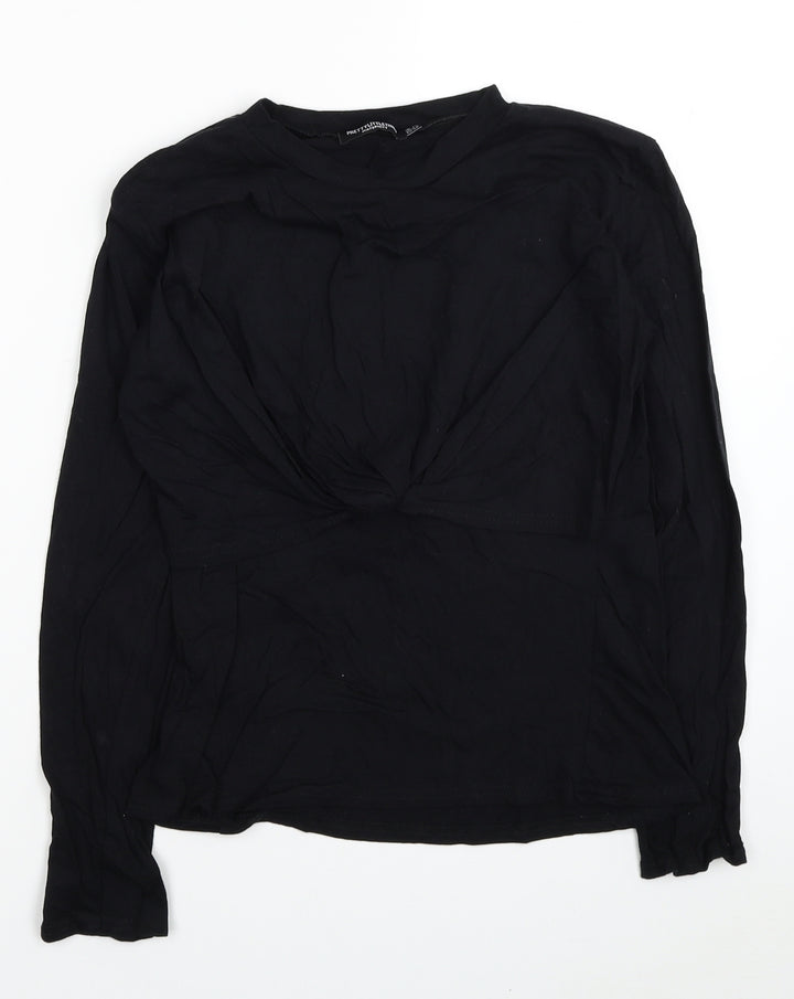 PRETTYLITTLETHING Womens Black Cotton Basic T-Shirt Size 10 Round Neck - Knot Detail
