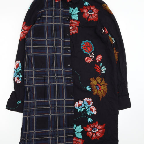 TU Womens Black Plaid Viscose Shirt Dress Size 10 Collared Button - Flowers